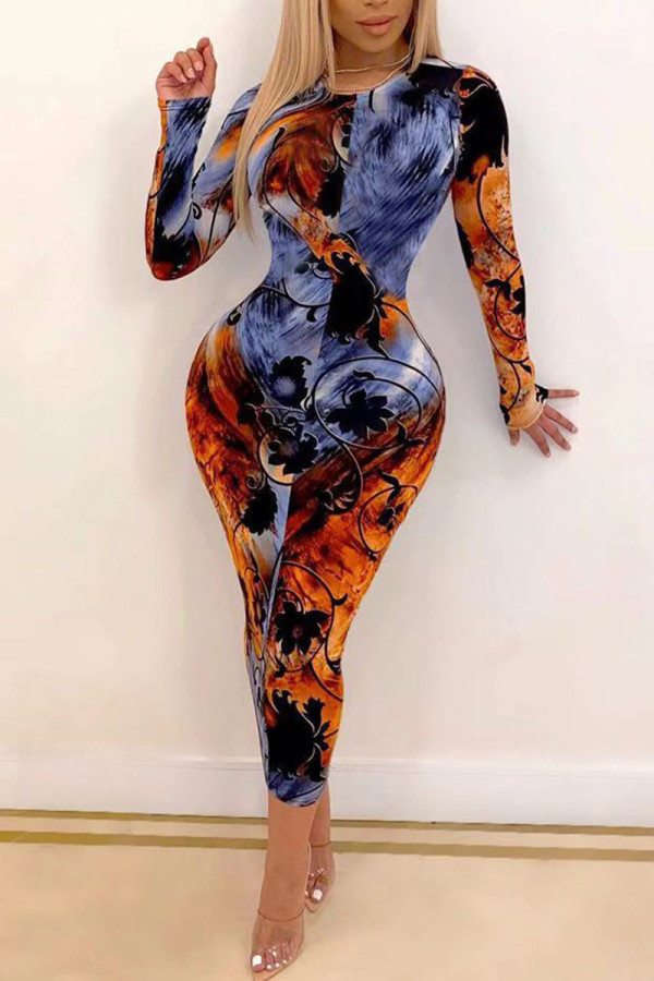 Multicolor British Style Print O Neck Wrapped Skirt Dresses
