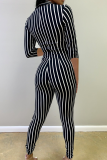 Black Sexy Striped zipper Long Sleeve V Neck