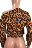 Leopard print Sexy Casual Street Print Leopard Lips Printed Buttons Pullovers Oblique Collar Mid Waist Tops