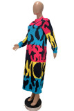 multicolor Street Print O Neck Long Sleeve Ankle Length Dresses