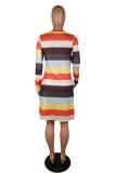 Multi-color Polyester Fashion adult Sexy Cap Sleeve Long Sleeves O neck A-Line Knee-Length Striped Patchwork Poc