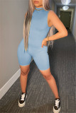 Blue Fashion Casual Solid Basic O Neck Sleeveless Skinny Romper
