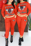 Red Fashion Casual Butterfly Print Basic O Neck Long Sleeve Two Pieces