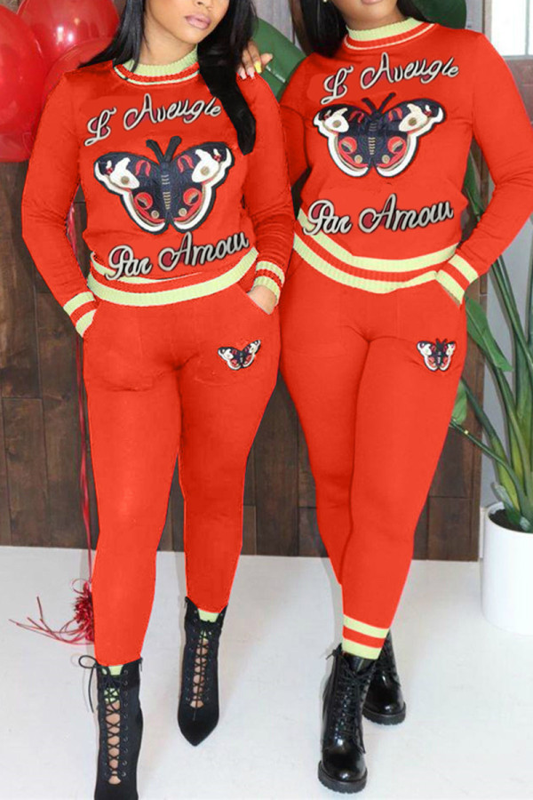 Red Fashion Casual Butterfly Print Basic O Neck Long Sleeve Two Pieces