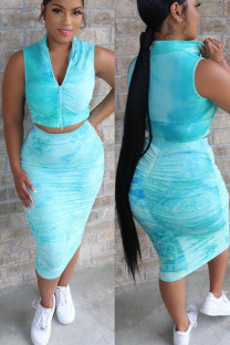 Blue venetian Fashion Sexy adult Ma'am Print Draped Zippered Two Piece Suits pencil Sleeveless Two Pieces