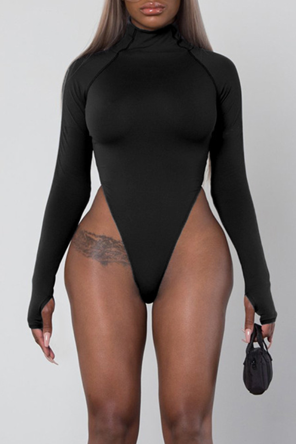 Black Sexy Solid Split Joint Turtleneck Skinny Jumpsuits