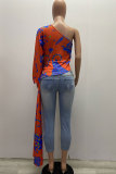 tangerine One Shoulder Collar Long Sleeve Patchwork Print backless Draped asymmetrical contrast color Tops