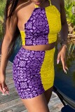 Purple Fashion Sexy Print Patchwork Backless O Neck Sleeveless Two Pieces
