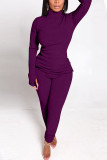 Red Casual Solid Split Joint Slit O Neck Long Sleeve Two Pieces