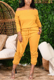 Yellow Fashion Casual Solid Basic Bateau Neck Long Sleeve Two Pieces
