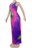purple Sexy Tank Sleeveless O neck Slim Dress Ankle-Length Print Tie and dye Dresses