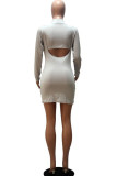 Grey Sexy Polyester Solid Hollowed Out O Neck Long Sleeve Mini Pencil Skirt Dresses