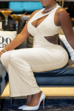 White Sexy Solid Hollowed Out Backless O Neck Sleeveless Dress