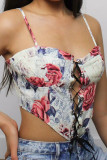 Rose Sexy Print Hollowed Out Frenulum Backless Spaghetti Strap Mid Waist Tops