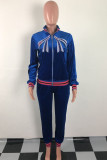 Blue British Style Patchwork Embroidered Sequins Zipper Collar Long Sleeve Two Pieces