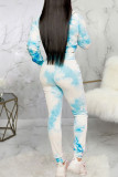 Blue Polyester Fashion Sexy adult Ma'am Patchwork Print Two Piece Suits Straight Long Sleeve Two Pieces