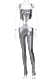 Silver Sexy Solid Hollowed Out Spaghetti Strap Skinny Jumpsuits