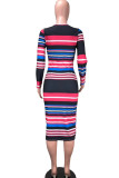 multicolor Polyester Sexy Cap Sleeve Long Sleeves O neck Step Skirt Mid-Calf Striped Print Long Sleeve Dresses