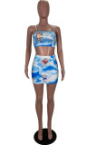 Blue Milk Silk Casual Print Hip skirt Sleeveless Two Pieces