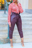 Wine Red Fashion Casual Solid With Belt Regular High Waist Trousers