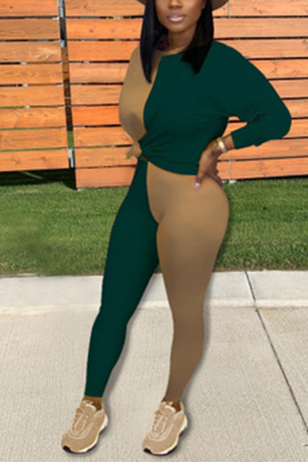 Black Green Casual Solid Split Joint O Neck Long Sleeve Two Pieces