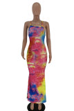 Blue Fashion Sexy adult Blue Yellow rose red Spaghetti Strap Sleeveless Slip Step Skirt Ankle-Length Print Patchwork backless Tie and dye Dresses
