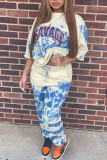 Baby Blue Casual Print Patchwork Tie-dye O Neck Half Sleeve Two Pieces