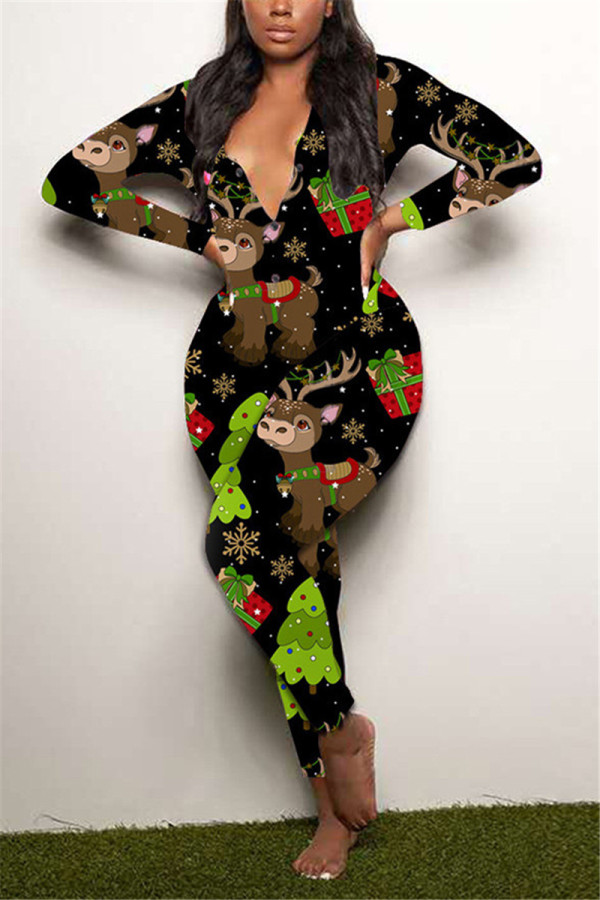 Black Green Casual Living Print Basic V Neck Regular Jumpsuits