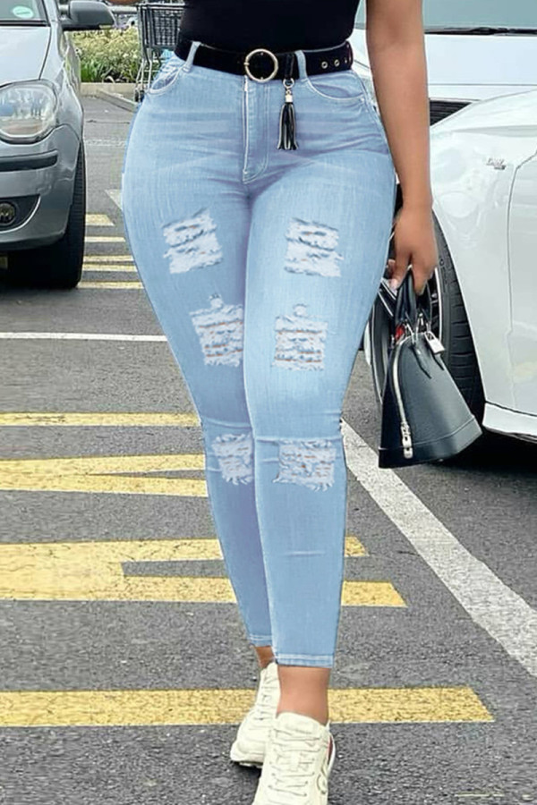 Baby Blue Fashion Casual Solid Ripped High Waist Skinny Jeans