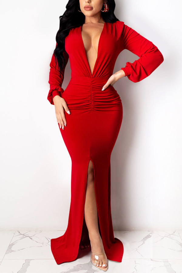 Red Sexy Solid Patchwork V Neck Irregular Dress Dresses