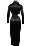 Black Polyester Sexy Cap Sleeve Long Sleeves Mandarin Collar Step Skirt Ankle-Length Solid