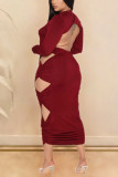 Wine Red Sexy Solid Hollowed Out Backless Fold O Neck Pencil Skirt Dresses