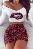Black Sexy Leopard Lips Printed Printing Long Sleeve Two Pieces