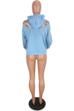 Baby Blue Casual Solid Patchwork Hooded Collar Tops