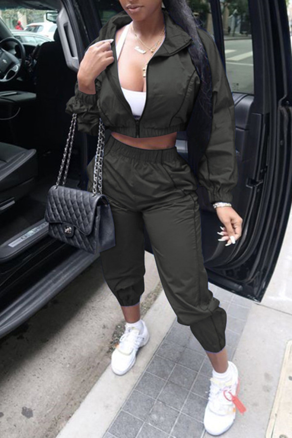 Army Green Fashion Casual Solid Basic Turndown Collar Long Sleeve Two Pieces