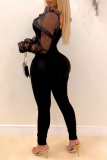 Black Sexy Solid Mesh U Neck Skinny Jumpsuits