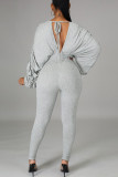 Grey Sexy Elegant Solid Fold V Neck Regular Jumpsuits