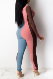 Yellow Casual Color Block Split Joint Zipper Collar Skinny Jumpsuits
