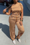 Yellow Fashion Casual Striped Print Basic O Neck Short Sleeve Two Pieces