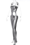 Silver Sexy Solid Hollowed Out Spaghetti Strap Skinny Jumpsuits