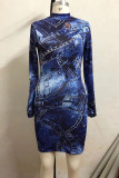 Blue Sexy Print O Neck Pencil Skirt Dresses