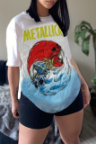 White Casual Print Patchwork O Neck T-Shirts