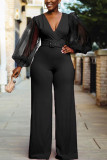 Black Sexy Casual Spandex Gauze Twilled Satin Patchwork Split Joint Frenulum See-through With Belt V Neck Boot Cut Jumpsuits