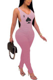 Pink Fashion street Print Draped Milk. Sleeveless V Neck Jumpsuits