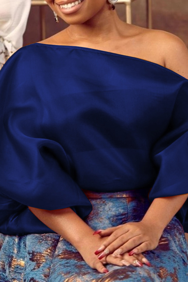 Blue Casual Solid Patchwork One Shoulder Tops