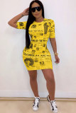 Yellow Polyester Sexy Cap Sleeve Short Sleeves O neck Step Skirt Mini Patchwork Print Club Dresses