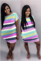 Multi-color Polyester Casual Fashion Cap Sleeve Short Sleeves O neck Straight Mini Striped Casual Dresses