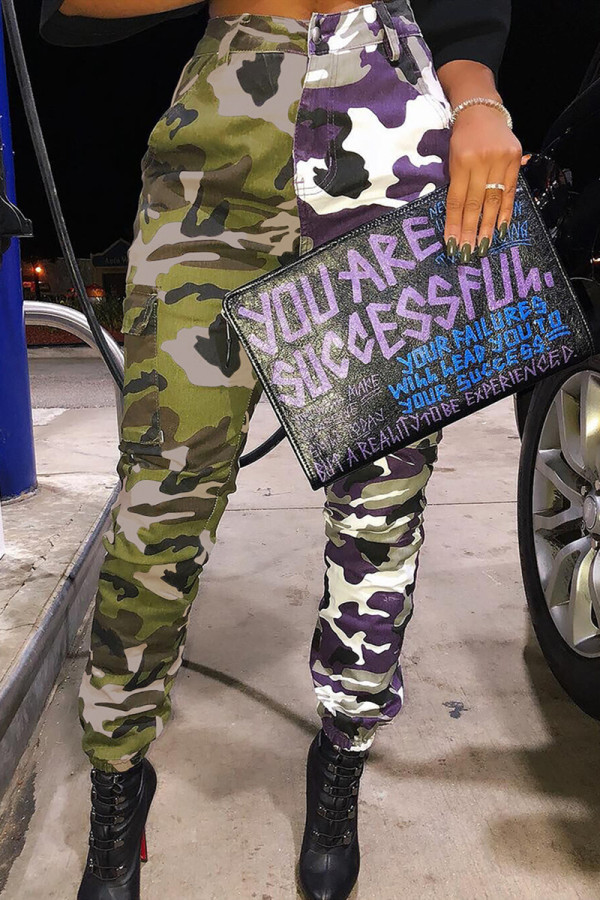 Army Green Fashion Casual Camouflage Print Patchwork Trousers