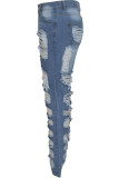 Blue Denim Zipper Fly Button Fly Mid Pocket washing Hole Zippered pencil Pants Pants