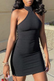 Black Sexy Solid Bandage Patchwork Frenulum Backless Halter Off The Shoulder Dresses Dresses